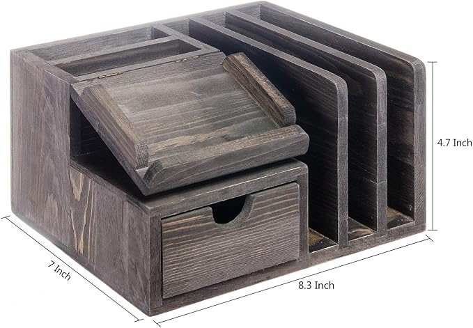 Liry Products Gray Rustic Wood Desk Organizer Storage Cabinet Mail File Paper Sticky Note Memo Pad Folder Office Supplies Caddy Tabletop Holder Accessory Sorter Multiple Compartments with Drawer Home