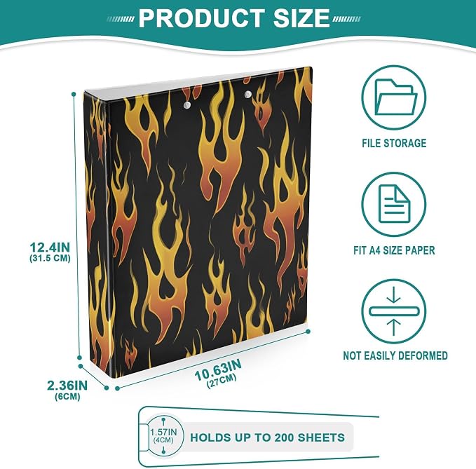 3 Ring Binder Yellow Orange Fire Flames 1.5" Round Ring Binders View Binder with 200 Sheet for Kids School Supplies Women Men Office, 1 Pack