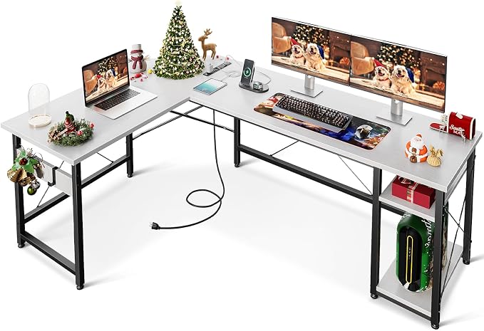 Coleshome L Shaped Computer Desk 66" with Power Outlet & Storage Shelves, Corner Sturdy Writing Desk Workstation, Modern Wooden Office Gaming Desk, Wood & Metal, White