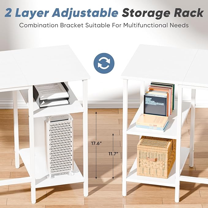 DUMOS L Shaped Gaming Desk with Charging Station & 2 Monitor Stands, Computer Desk with Drawer & Adjustable Storage Shelves, Large Corner Desk for Home Office, 62 Inch White