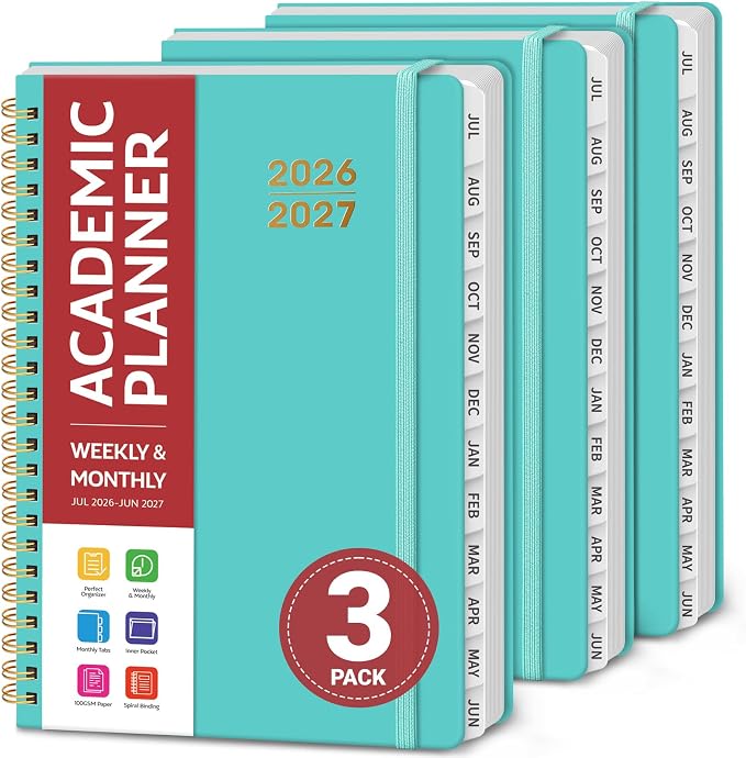 Taja 3 Pack Planner 2026-2027, Jul 2026-Jun 2027 Monthly & Weekly Planner | 6.3" x 8.5", Hardcover Academic Calendar, Teacher Student Planning Book for Office School Supplies, 3 Aquamarine