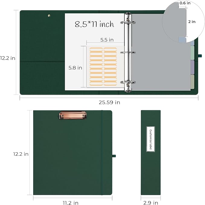EYROZILL 3 Ring Binder 2 Inch, Binder for Letter Size (11" x 8.5") with 5 Tab Dividers, File Folder Labels and Low Profile Clipboards, Blackish Green