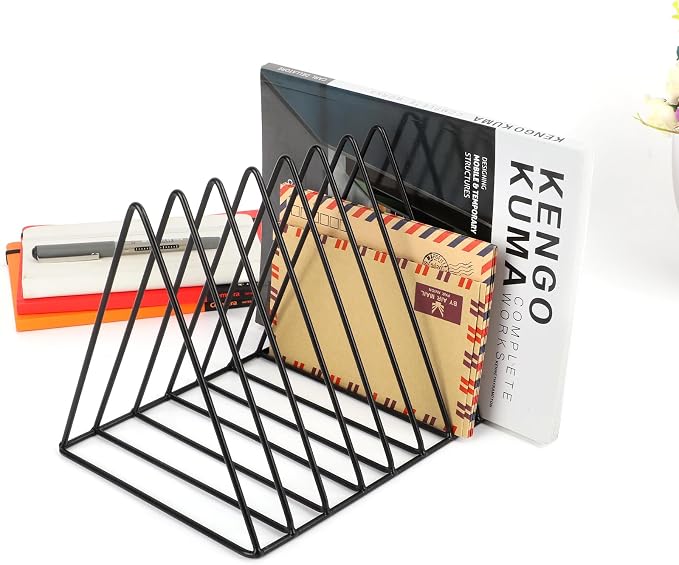 Vinyl Record Holder Storage, 9 Slot Metal Magazine Book Album Display Rack, Stylish Triangle Desktop File Sorter Organizer for Home Office, Black Pack of 3