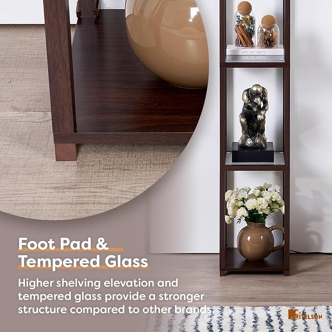 Floor Lamp with Shelves, Modern Square Standing Lamp with Glass Shelves, Corner Display Shelf with Light, Tall Lamp with Shelves for Living Room, Bedroom, Office, Bookshelf, Brown