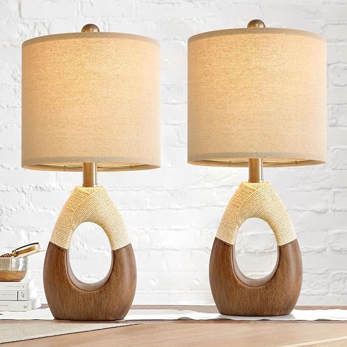 Boho Table Lamps Bedroom Living Room Set 2,Suitable for Small Space,Farmhouse RattanTable Lamp 19”Rustic Egg Design Resin Light Decoration,Nightstand Bedside Lamps for Office Study Rest