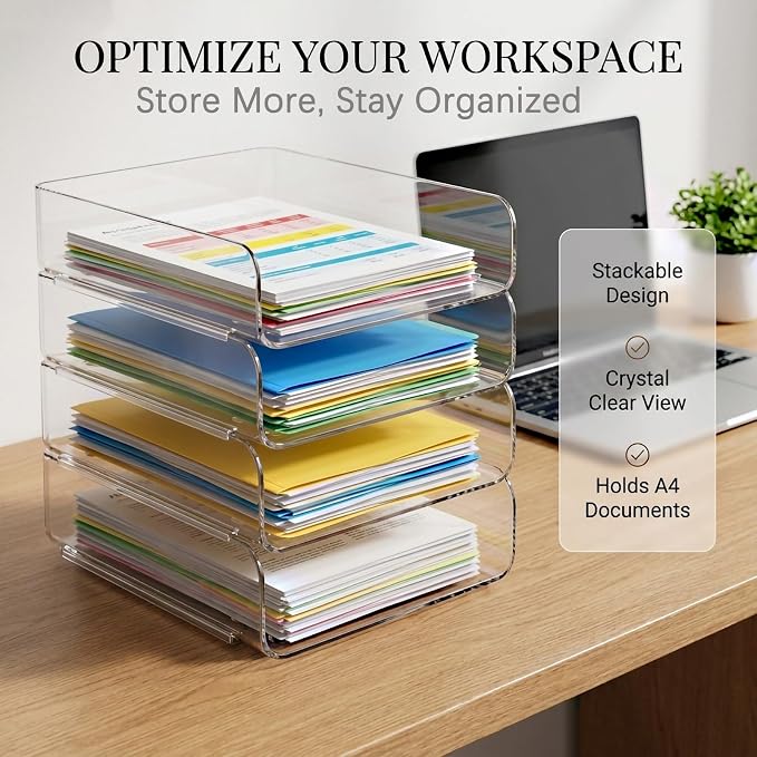 DCA 4 Tier Clear Desk Organizer, Stackable Paper Tray, Desktop File Sorter | Letter & A4 Compatible | Space-saving | Office, Home & School