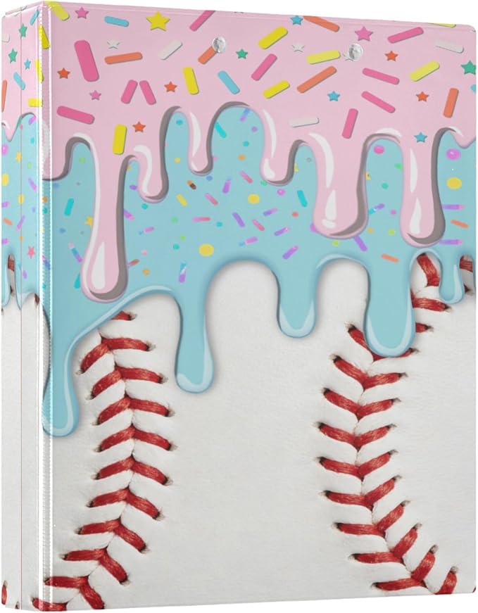 Baseball Red White Stripe Pattern Round Ring Binders 1.5 Inch Ice Cream 3 Ring Clipboard Binder for Office School Work Supplies File Folder 200 Sheet Capacity