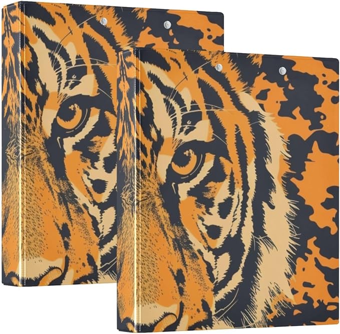 JIPONI 3 Ring Binder Tiger 1 Inch Round Binders for Men Women Students, Cute File Organizer for Office School, 2pcs