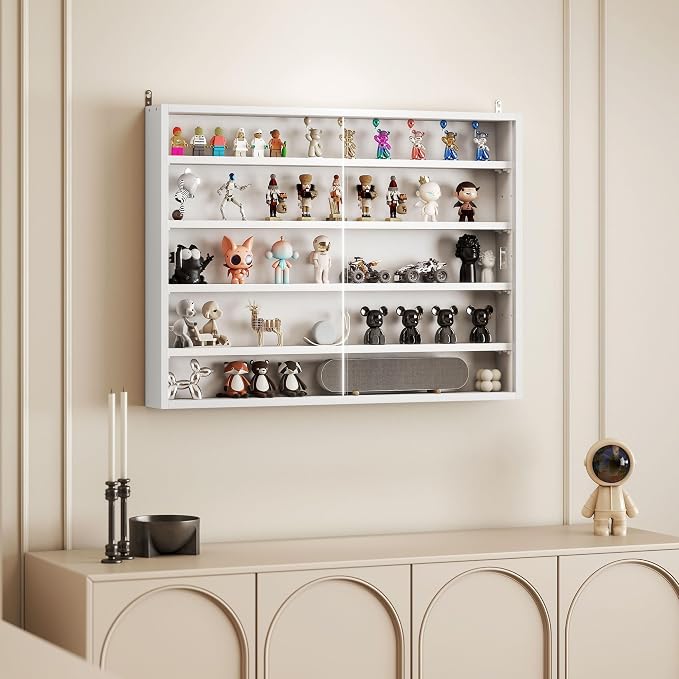 HOMCOM 5-Tier Wall Mounted Display Cabinet Glass Doors 60x80cm, White | Display Case, 4 Adjustable Shelves, for Home Office Ornaments