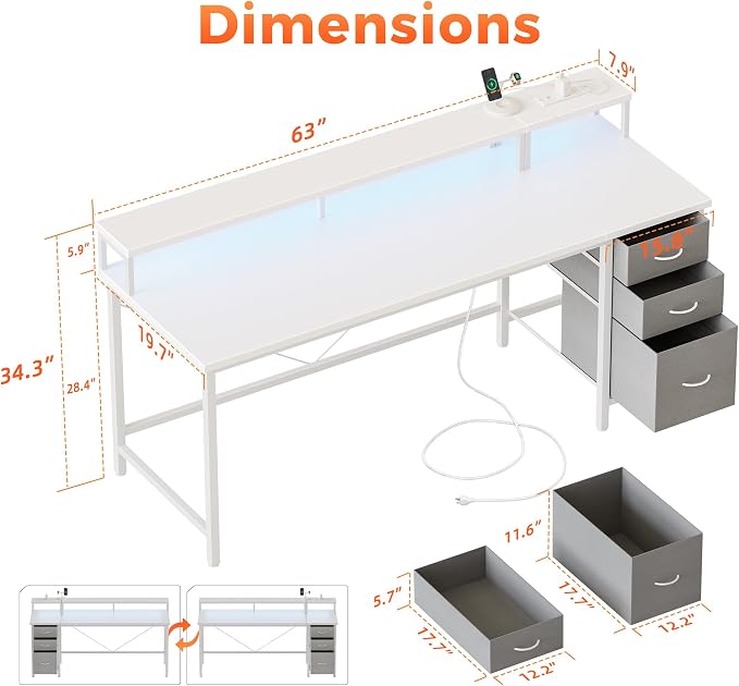 63 inch Computer Desk with Drawers, Reversible Gaming Desk, White | Gamer Desk with LED Lights, Power Outlets & Monitor Stand, Large Office Table for Home Bedroom Study Work Writing