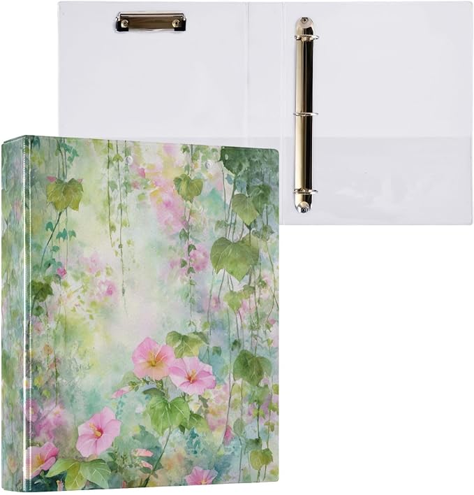 Watercolor Pink Green Spring Floral Binder 3 Ring 1.5 Inch Binder with Clipboard&Pockets, Hardcover Binders Heavy Duty Large File Folder for Office School Supplies - Holds 200 Sheets