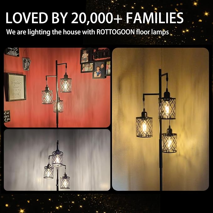 ROTTOGOON Dimmable Farmhouse Floor Lamp, Industrial Floor Lamp for Living Room with 3 X 6W LED Bulbs, 3 Light Rustic Standing Tall Lamp for Bedroom, Office, 68"