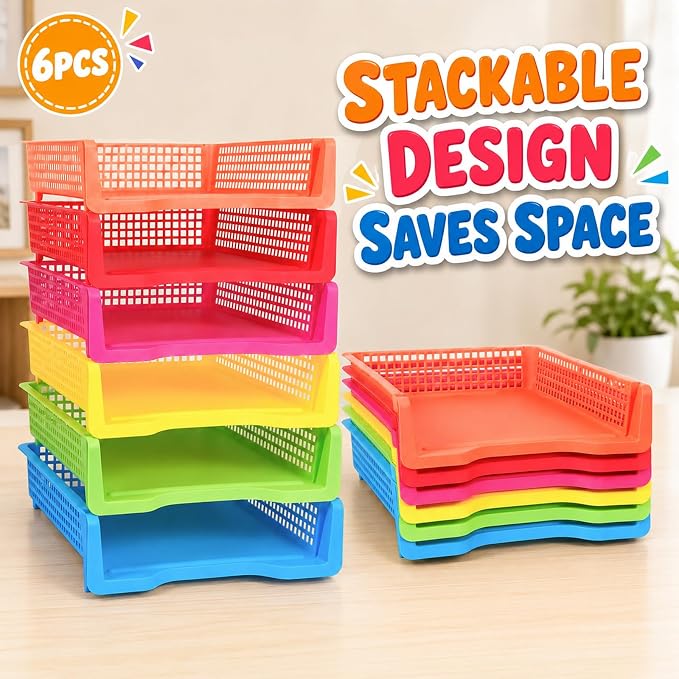 ZZYFGH 6 Pack Turn in Trays Classroom, Colorful Turn in Trays for Teachers, Plastic Classroom Paper Organizers, Stackable Tray for Classroom, Library, Drawers, Office Desk (13.4 * 9.5 * 2.7in)
