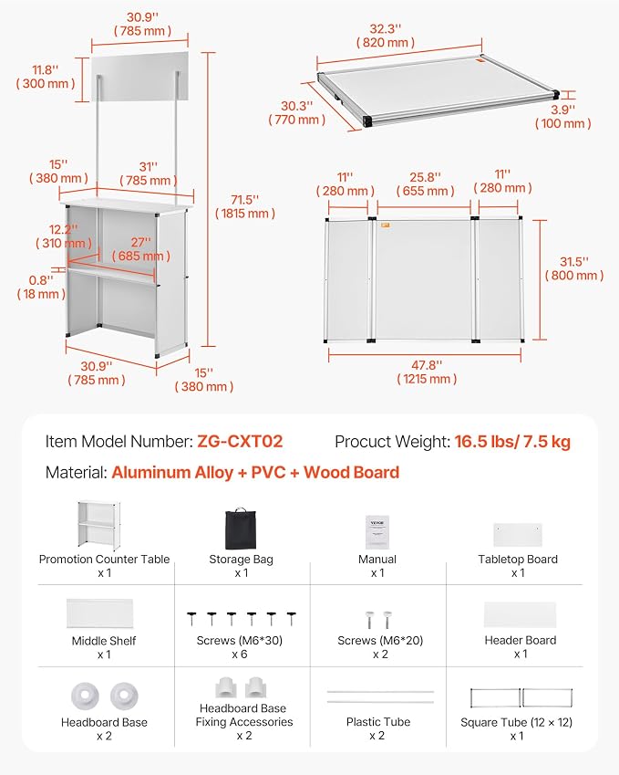 VEVOR Promotion Counter Table, Portable Tradeshow Podium Table, 30.91" x 14.96" x 71.46", Display Exhibition Counter Stand Booth Fair with Wall, Pop Up Podium with Storage Rack/Carrying Bag
