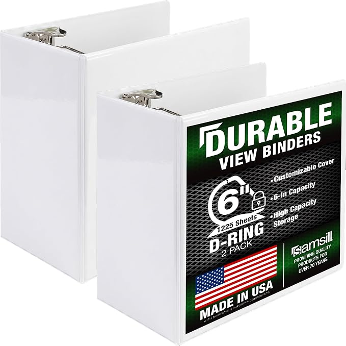 Samsill Durable 6 inch 3 Ring Binder, Locking D Ring Binder, Customizable Clear View Cover, White, 2-Pack, Holds 1225 Pages