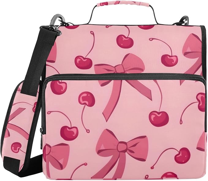 Bow Cherry Pink Zipper Binder Bag 3 Ring Binder with Shoulder Strap Zip Up 500 Sheets Capacity Multi Pockets for School Office Supplies