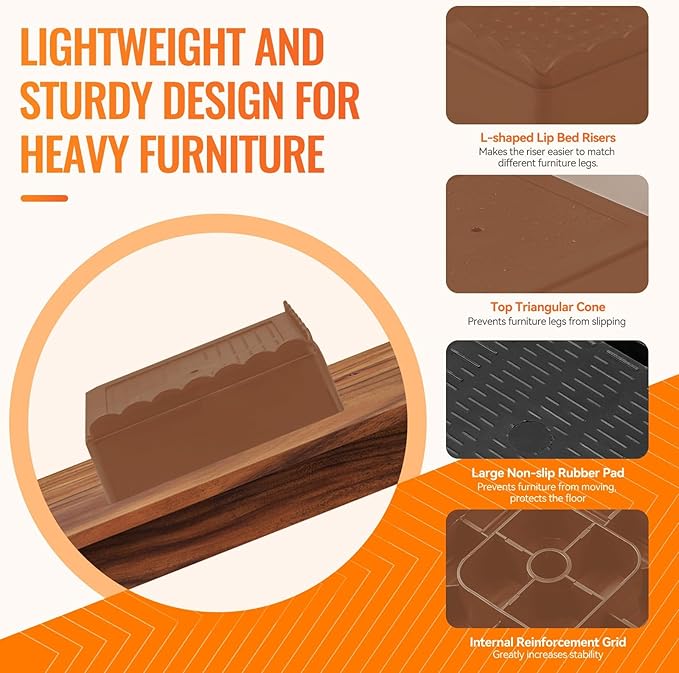 shouwuhho Furniture Risers, 12 Pack Bed Risers with Non-Slip Grip and Heavy Duty Support, 1 Inch 2 Inch 3 Inch 4 Inch Height Lift for Couch, Sofa, Table, Desk, Chair, Refrigerator - Brown, 1 Inch