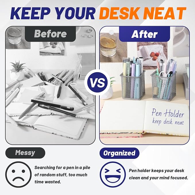Segarty Pen Holder, 3 Pack Square Silver Pencil Holder for Desktop, Metal Mesh Pen Cup Container Desk Organizer for Office Supplies, School, Home, Makeup Brush Storage