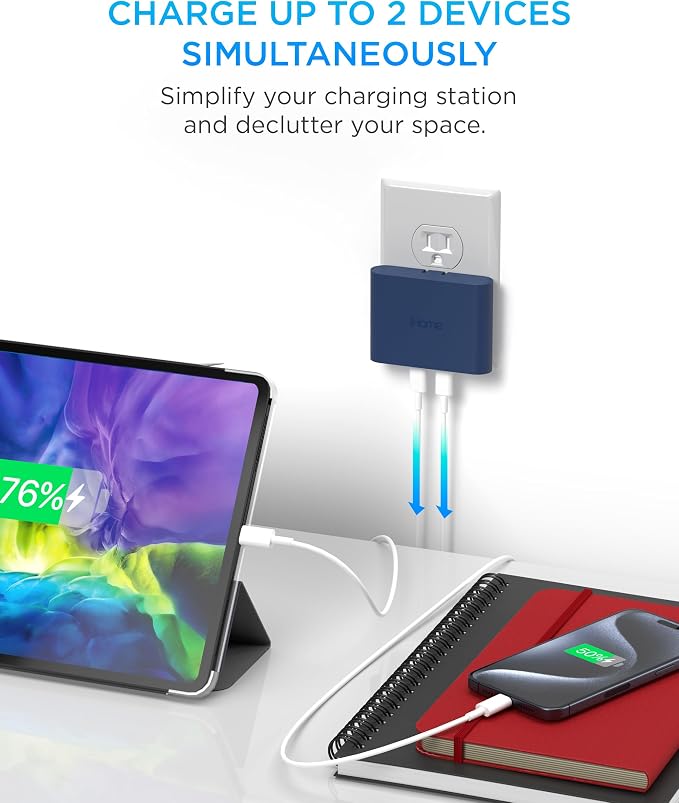iHome Multiport 40W USB-C Charger, AC Pro 2-Port Flat Block, Dual Fast Charging Wall Adapter | Foldable Prongs, Fast Charging, 2.5x Faster, Charges iPhone, Android, iPad, AirPods, 2 USB-C Ports, Multiport Plug for Home