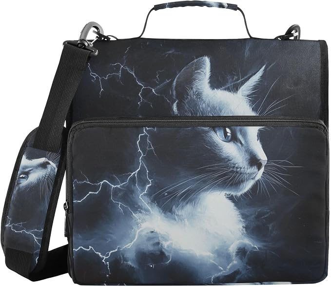 Storm Thunder Cat 3 Ring Zipper Binder with Handle 1.5 inch Binder Organizer Bag, Multi Pockets Office File Folder Bag with Shoulder Strap 500 Sheet Capacity