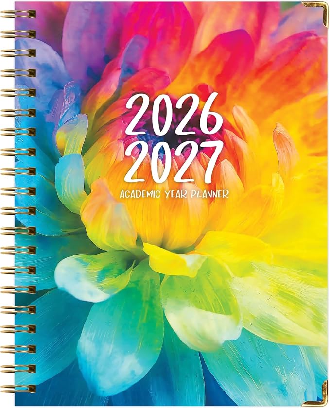 HARDCOVER Academic Year 2026-2027 Planner: 14 Months (May 2026 Through June 2027) 8.5"x 11" Daily Weekly Monthly Planner Yearly Agenda. Bookmark, Pocket Folder and Sticky Note Set (Rainbow Petals)