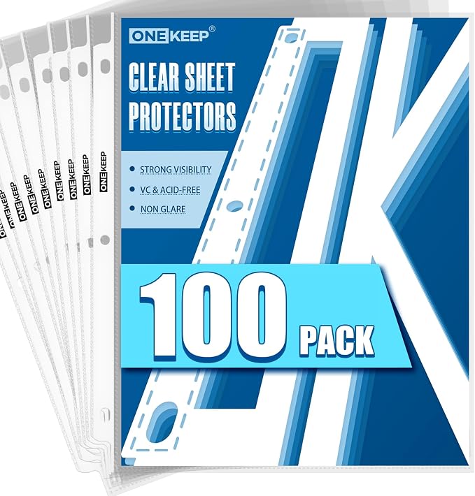 100 Pack Sheet Protectors, Top Loading Reinforced 3-Hole Page | Protectors for 3-Ring Binders, Fits Standard 8.5" x 11" Letter Size Paper, Perfect for Documents & Photos, Office Supplies