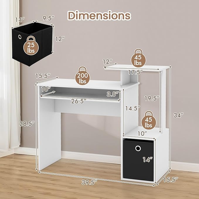 GIANTEX White Computer Desk with Drawers & Keyboard Tray, Modern Home Office Desk with Storage Shelves & Printer Stand, Laptop PC Table for Workstation, Study Writing Desk for Small Spaces, Bedroom