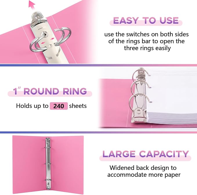 Henoyso 1 Inch 6 Pack Mini 3 Ring Binders for 5.5"x8.5" Paper,Pink | Holds 200 Sheets, Plastic Small Binders, Round Three Rings, Flexible PP Covers, School Office, Photo Album Planner Journal
