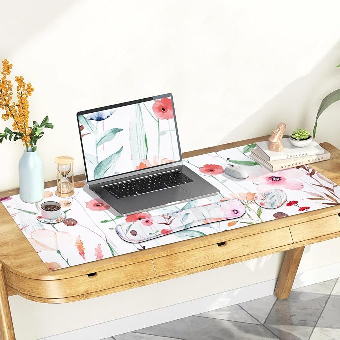 Large Gaming Mouse Pad Set, 4 in 1 Extended Keyboard Desk Mat with Wrist Rest, PC Computer Game Mousepad Set, Non-Slip Desk Pad Easy Typing Pain Relief for Home Office I Orange Flowers