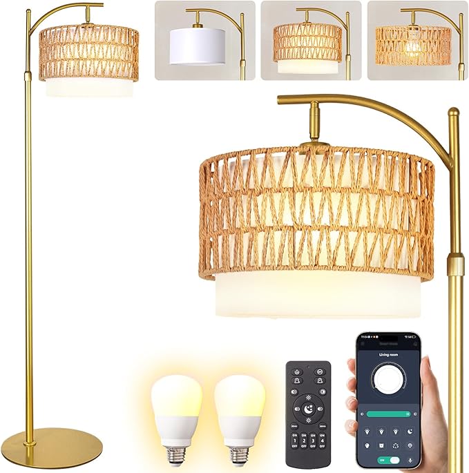 Rustic Woven Rattan Floor Lamp – Golden Finish, Arc Design, 12W LED (1 in use + 1 Spare), Remote & Dimmable 3-Color Temperature, Tall Standing Lamp for Living Room, Bedroom & Reading Corner