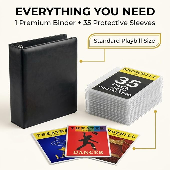Playbill Binder with Sleeves, Broadway Showbill Organizer Gifts for Theater | Holds 35 Playbills in Protective Sheets. Black Show Bill Book Holder, Album, Display and Storage for Play Bill Collections