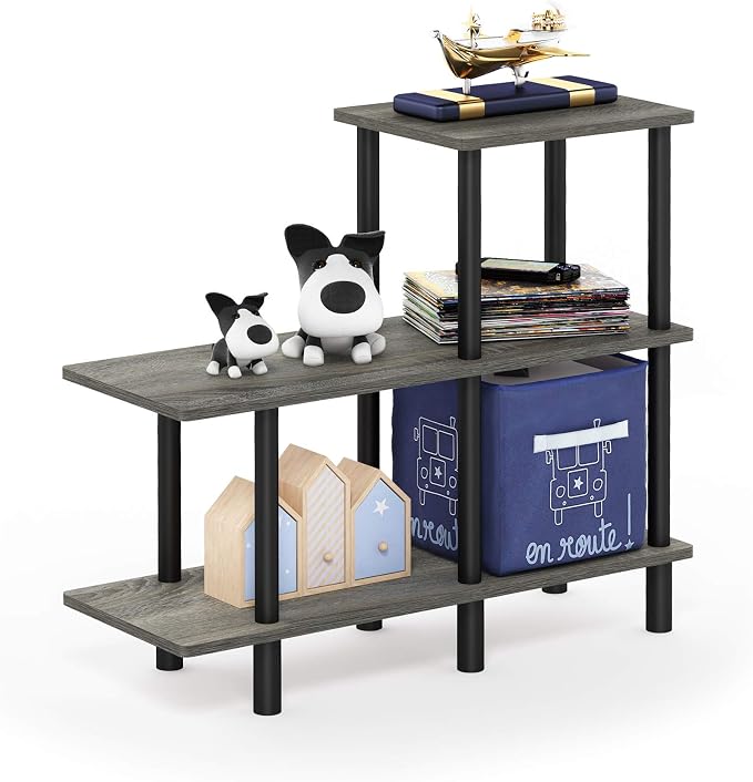 Furinno Turn-N-Tube Storage Shelves, 3-Tier Ladder Book Shelf, Accent Display Shelf, Toolless Open Shelves, Round Tubes, for Organization and Storage, Living Room, Garage, Home Office, Grey Oak