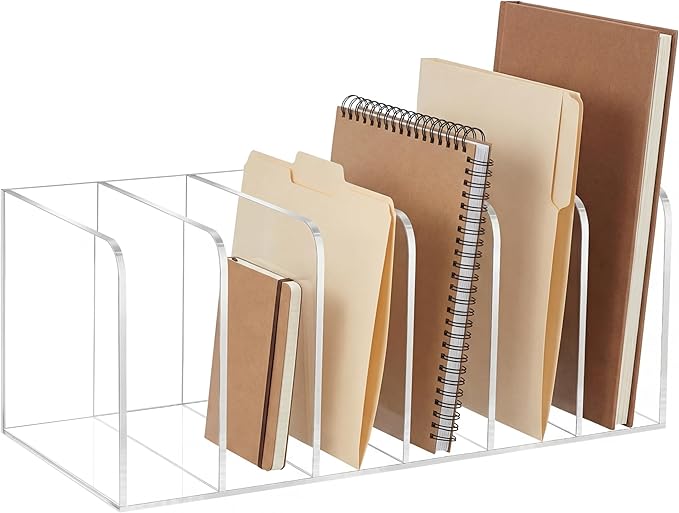Suzile Clear Acrylic Magazine File Holder with Vertical Compartments Desk Organizer Book Rack for Desk Sorter Paper Folder Office Accessories (Classic,10.5 x 6.9 x 6.3 Inch)