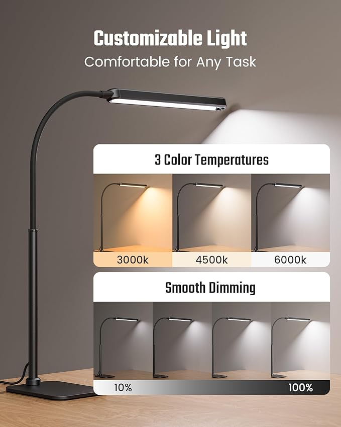 SUPERDANNY Eye-Caring LED Desk Lamp Work Lamp Office Lamp with Base | Black, Touch Control, 360° Flexible Gooseneck, 3 Modes Smooth Dimming, Memory Function, Adapter, Metal, for Home Office Dorm