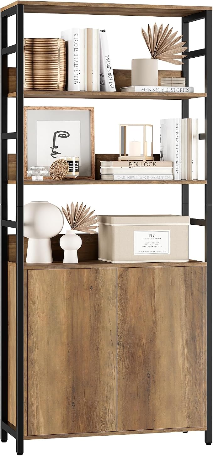 Garvee 71" Tall Bookshelf with Doors and Adjustable Shelf, Brown | Industrial Display Standing Shelf Rack with 3-Tier Shelves, Bookcase with Protective Rails for Living Room, Office