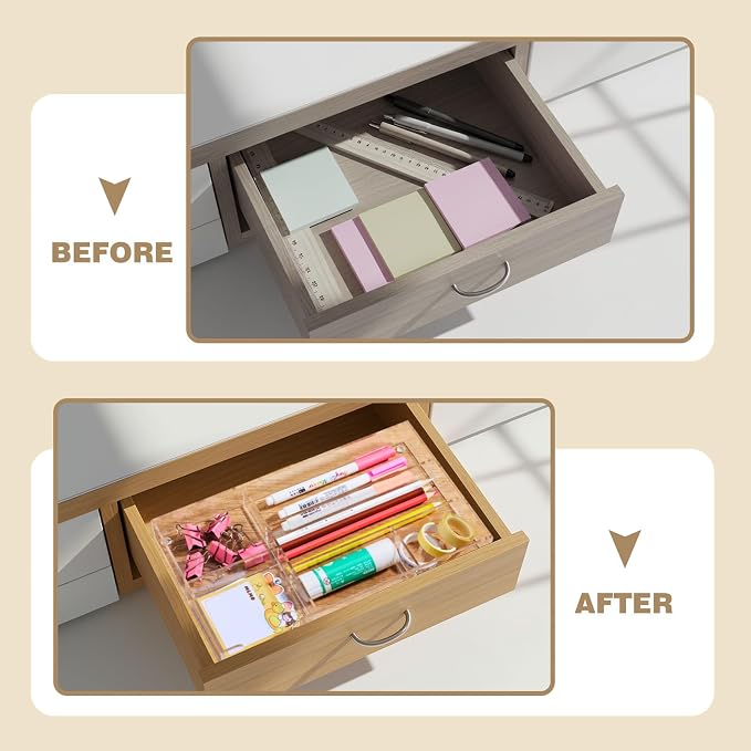 Briwooody 2 Pcs Clear Acrylic Desk Drawer Organizer 11 x 6 x 1.38 Inch Drawer Organizer Trays with 6 Compartments Desk Accessories for Office Makeup Silverware Bathroom