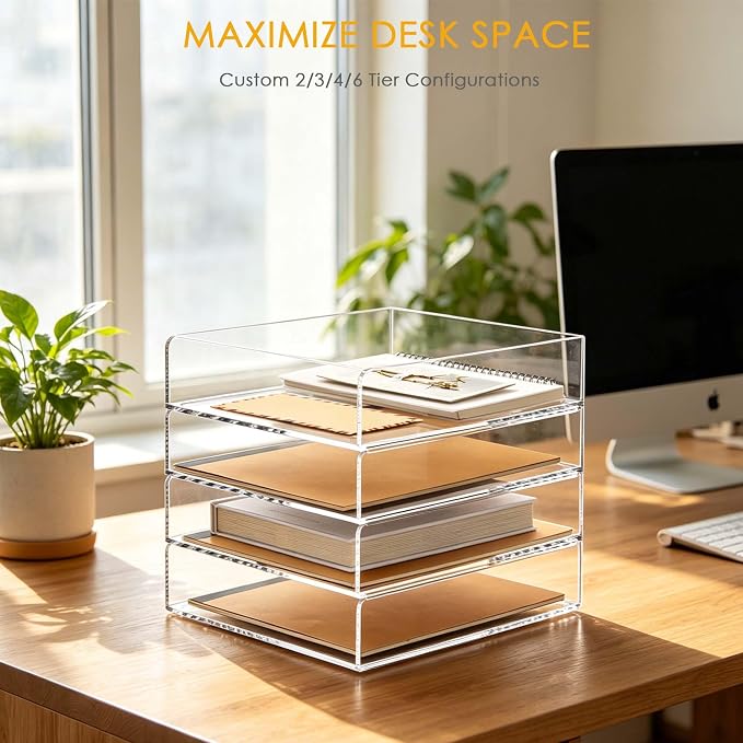 Acrylic Paper Organizer Letter Tray, Stackable Desk Organizer, 4-Tier | Desk Organizers and Accessories, Vertical File Tray, Workspace Office Supplies Organizer for Office Classroom Home, Clear