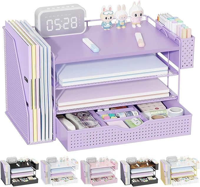 gianotter Wood Desk Organizers and Accessories with File Holder, 4-Tier Desk Accessories & Workspace Organizers with Drawer and Pen Holder, Desk Reference Organizer (Purple, 4T with Drawer)