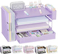 gianotter Wood Desk Organizers and Accessories with File Holder, 4-Tier Desk Accessories & Workspace Organizers with Drawer and Pen Holder, Desk Reference Organizer (Purple, 4T with Drawer)