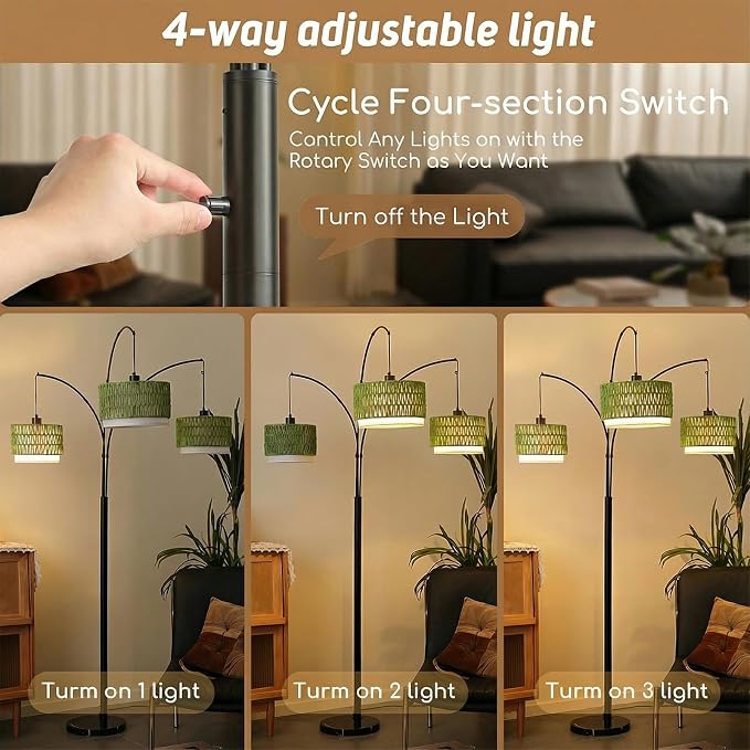 80'' Rattan Arc Floor Lamp for Living Room, 3-Light Boho Tree Tall Lamp | Heavy Natural Marble Base, 1/2/3-Light Rotary Switch,Double-layer Green Wicker/Fabric Shades for Coastal style,8 ft+ Ceilings