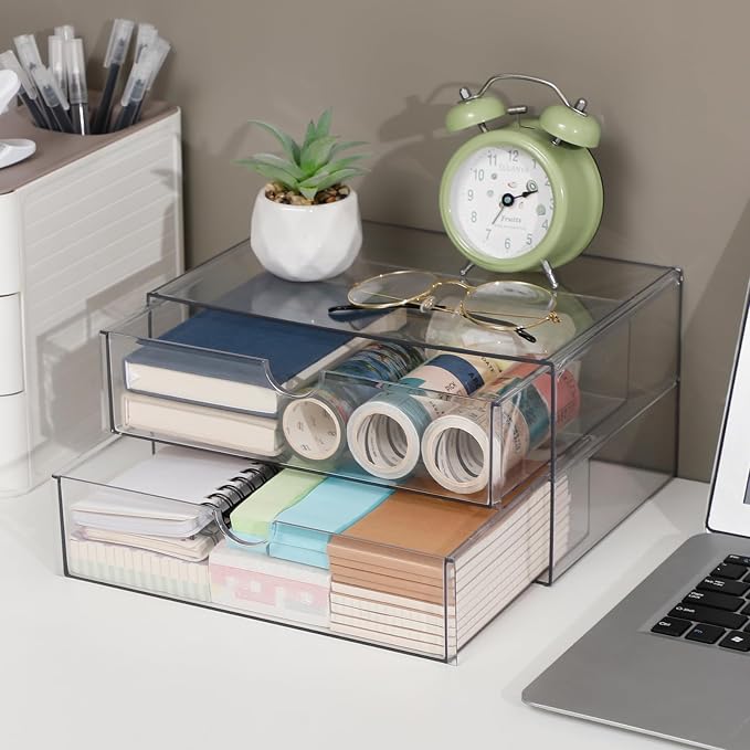 Clear Desk Drawer Organizer, 6 Drawers, Plastic | Stackable Desk Organizers and Accessories, For Pencils, Books, Art Crafts, Makeup, For Home Office, Bathroom, Kitchen