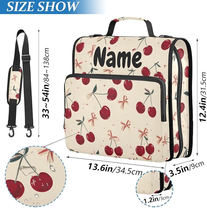 Custom Retro Bow Cherry 3 Ring Binder Bag 1.5 inch Personalized Name Binder Organizer 500 Sheet Documents Storage for School Office