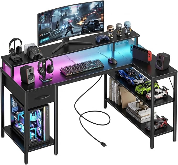 Alpen L Shaped Gaming Desk, 47 Inch Computer Desks with Drawers, Corner Desk Gaming Table with LED Lights & Power Outlets, Monitor Stand, Home Office Desk for Living Room, Bedroom, Black