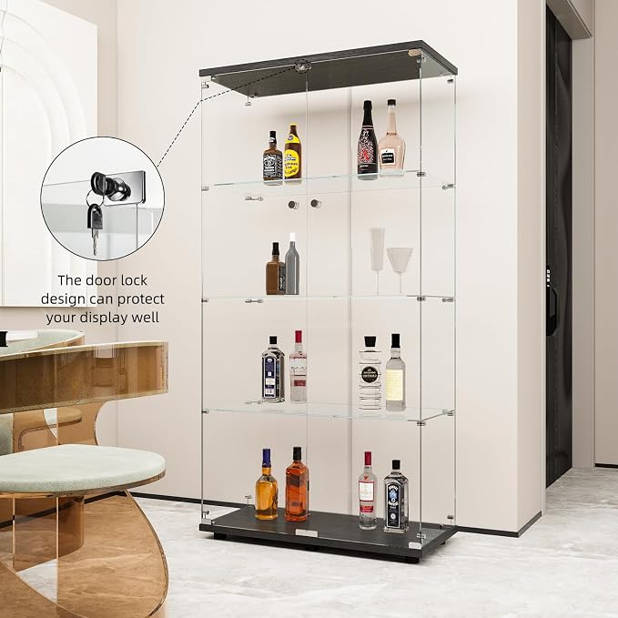FLYMUHJIA Glass Display Cabinet Kitchen Pantry Storage Cabinet Corner Bar Cabinet with Four Level Double-Door, 64”hx32''lx 14''w Black… NDJG-B