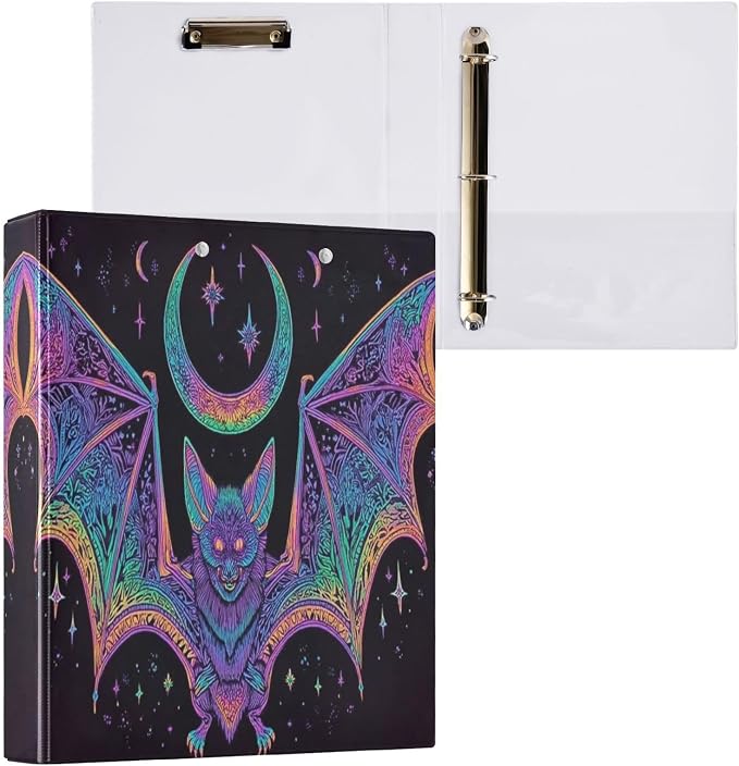 Neon Bat Goth Moon 3 Round Ring Binders | 1.5 Inch Binder with Clipboard, PVC Pockets, Work Organizer, Holds 200 Sheets for School Office 1 Pack