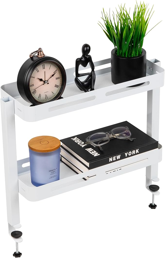 Mind Reader 2-Tier Desk Organizer with Clamp, Accessory Shelf for Office or Gaming, Office, Metal, White