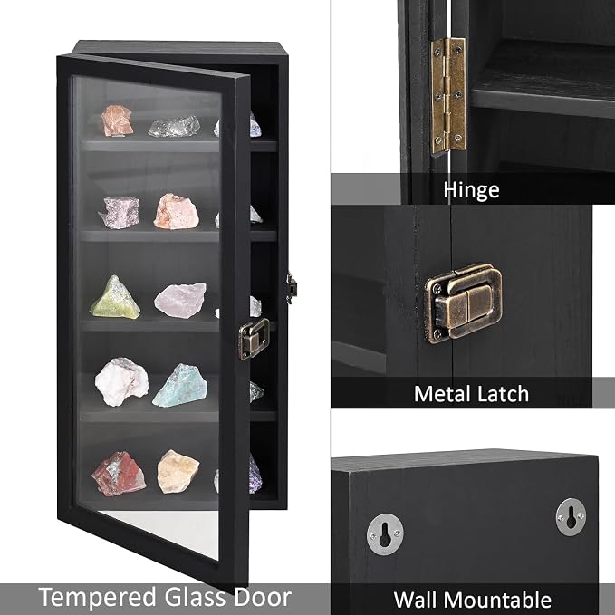 Ikee Design Wood 5 Shelf Wall-Mounted Case Display,Tempered Glass Door | Wall Mounted Wooden Collectible Display Case 5 Shelf Display Storage Accessories with Tempered Glass Door, Black Color