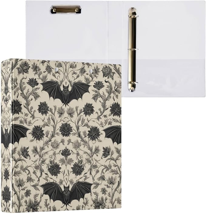 Gothic Bat Round Ring Binders Floral (2) 1.5 Inch 3 Ring Binder with Clipboard Holds 200 Sheets Office Home School