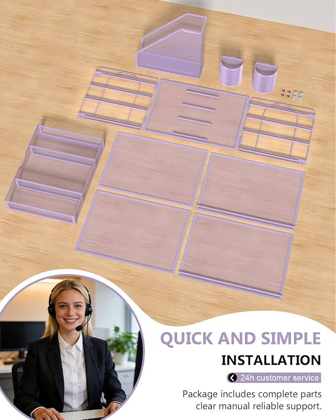 WALI Desk File Organizer, 4 Tier Desktop Paper Letter Tray Organizer with Drawer and 2 Pen Holders, Office Desk Accessories & Workspace Organizers for Office, Home Supplies(DO005DH-V), 1 Pack, Purple
