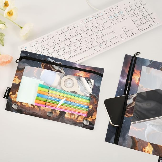Custom Dinosaurs Roar Pencil Pouch for 3 Ring Binder, 2 Pack Personalized Name Waterproof Pencil Bags Clear Window Pencil Case School Office Supplies
